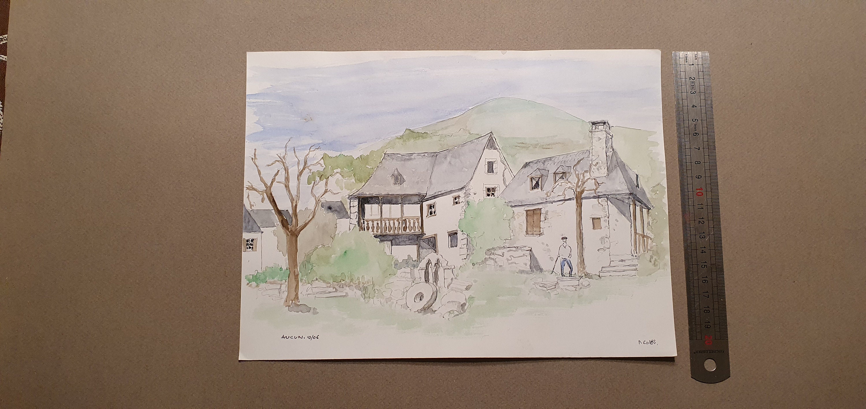 Dessin Au Crayon Rehaussé à L'aquarelle Signée Représentant Un Paysage de France. Aucun. 28 X 21 cm.