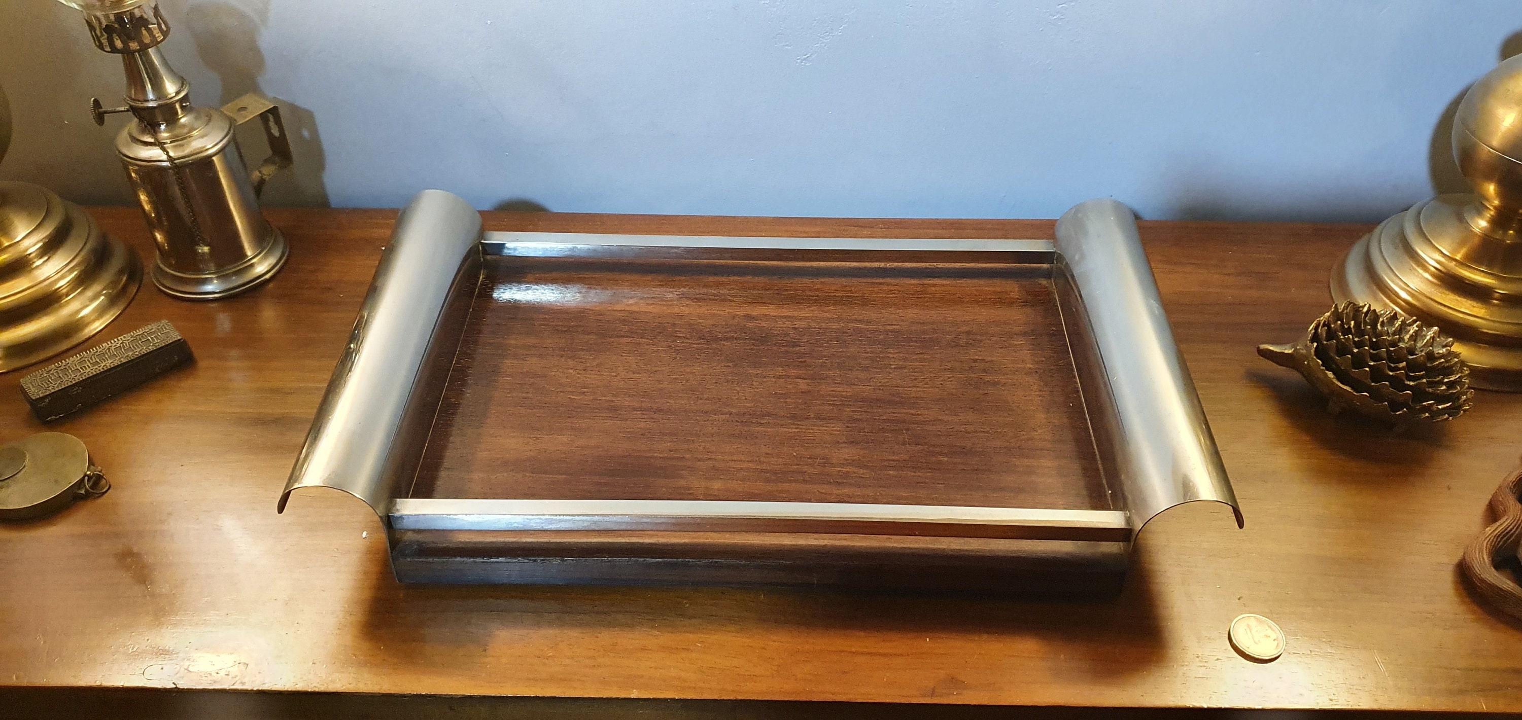 Plateau Art Déco en Palissandre et Chrome. Plateau Vintage Made in France 1930.