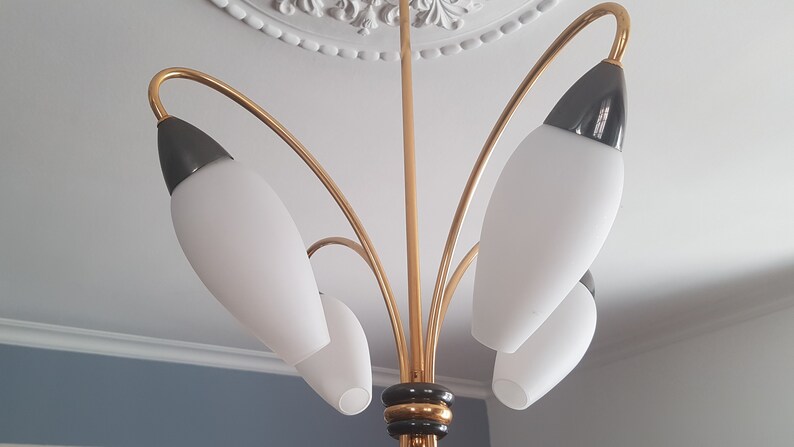 Chandelier authentic french vintage 19501960 Arlus Lunel white glass and brass.