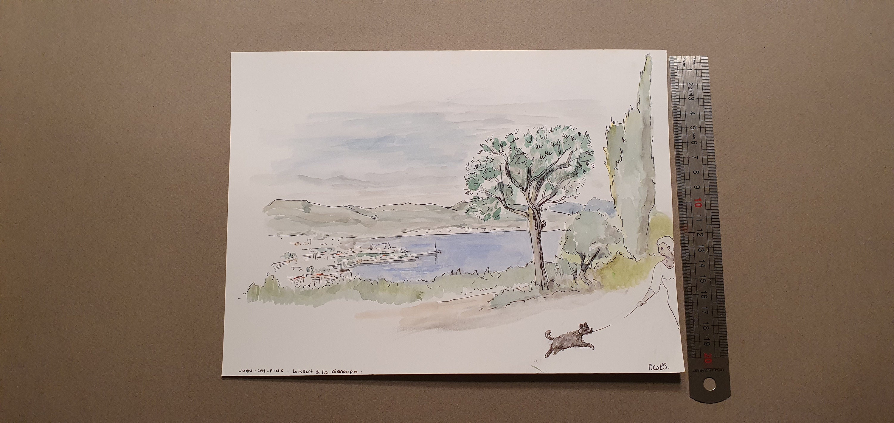 Dessin Au Crayon Rehaussé à L'aquarelle Signée Représentant Un Paysage de France. Juan Les Pins. 28 