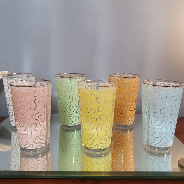 Set de 6 verres à limonade vintage en verre granité et liseré doré. Made in France 1950s.