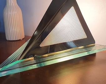 Vintage triangular wall light in gold metal and altuglass. Massive design made in Belgium. 1980s.