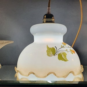Vintage white opaline pendant light with hand-painted flower decorations. 1960.