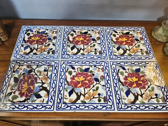 ジアン陶器タイル、牡丹模様。15×15 cm。フランス製、1980年代