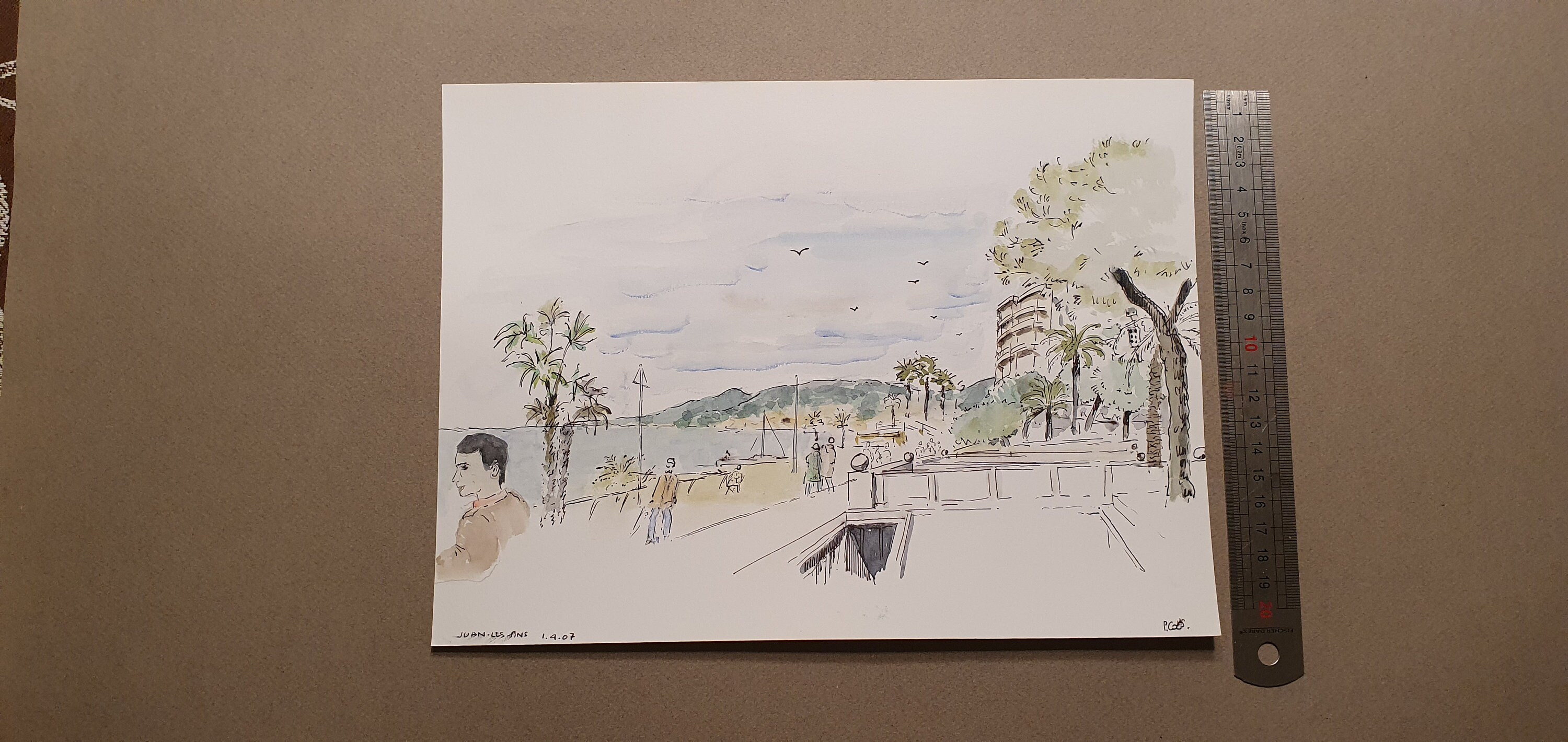 Dessin Au Crayon Rehaussé à L'aquarelle Signée Représentant Un Paysage de France. Juan Les Pins. 28 