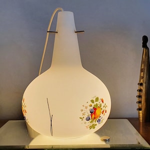 Vintage opaline pendant light with fruit decoration. Made in France 1960s.