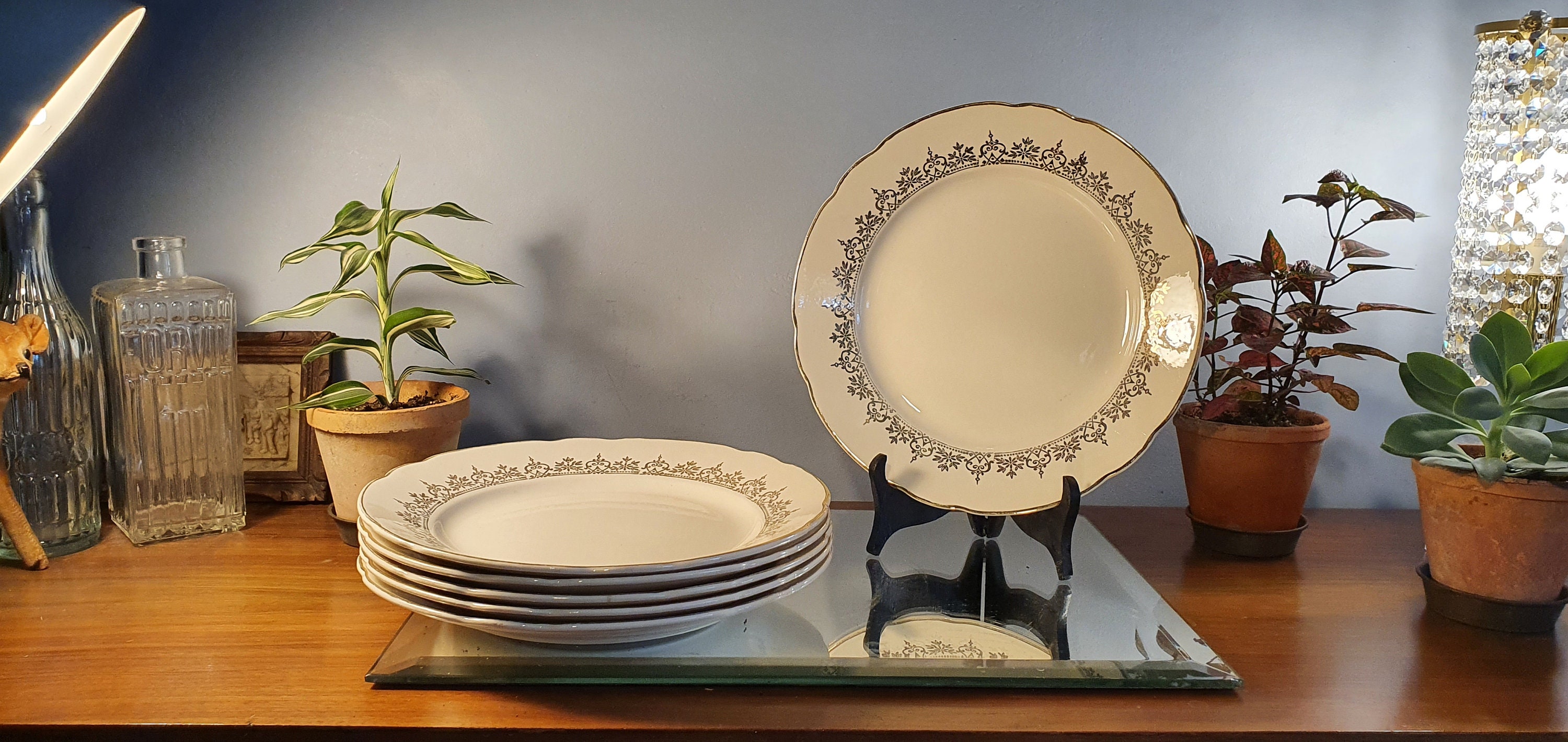 Set de 6 Assiettes Plates Vintages en Porcelaine à Décors Fleurs et Liseré Doré, Villeroy Boch Mettl