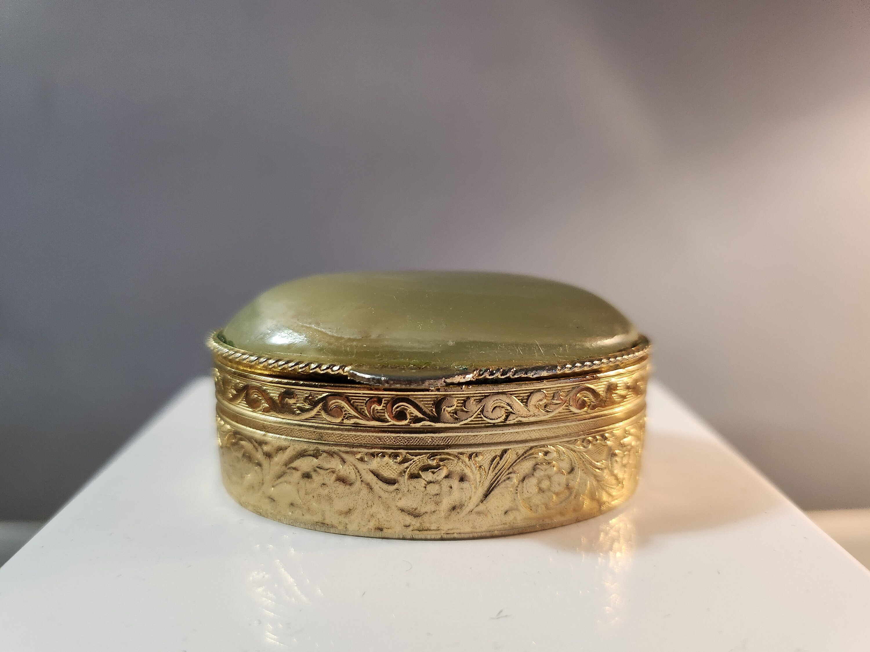 Vintage Pill Box in Embossed Gilded Brass and Green Hard - Etsy