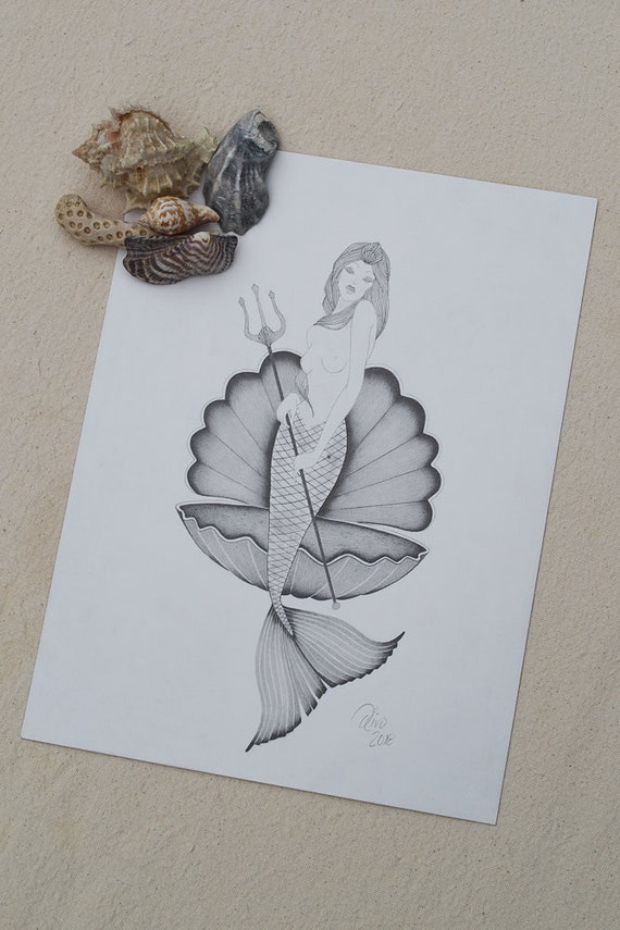 Disegno Originale 9 X12 Grafite Sirena Disegni Di Grafite In Bianco E Nero