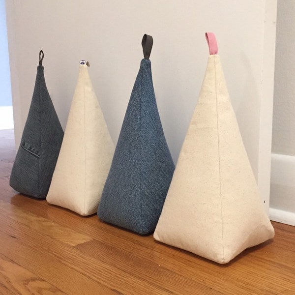 Heavy & Tall Door Stops, Canvas Doorstopper, denim fabric doorstops, weighted doorweights, casual doorstops, pyramid fabric doorstoppers