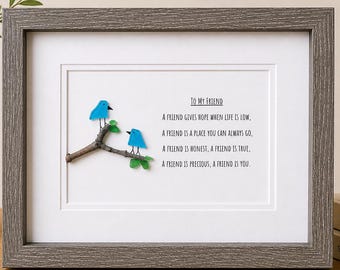 Sea Glass Birds Friendship Poem, Framed Driftwood Art, Gift for Friend (8x10)