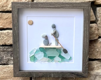 Paddle Boarding With Dog Framed Sea Glass and Pebble Art, ~ 9 x 9 inches