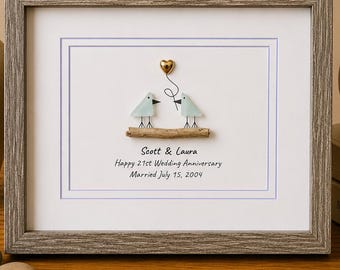 21. Hochzeitstag 20,3x25,4 cm gerahmte Seeglaskunst, personalisiertes Nickel / Messing-Jubiläumsgeschenk von Eltern, Frau, Mann, Freunden
