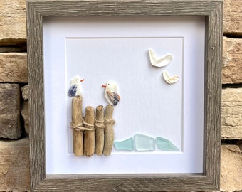 Seagulls at the Beach, 9x9 Framed Sea Glass and Pebble Art, Perfect Decor for Beach House or Lake House