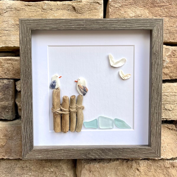 Seagulls at the Beach, 9x9 Framed Sea Glass and Pebble Art, Perfect Decor for Beach House or Lake House