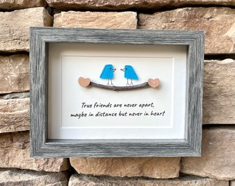 Long Distance Friendship Gift, 5x7 Framed Sea Glass Art, “True Friends Are Never Apart, Maybe in Distance but Never in Heart”