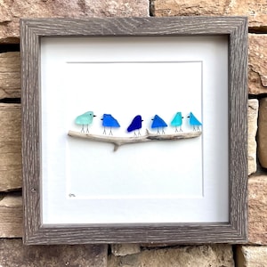 Sea Glass and Driftwood Birds in Delicate Shades of Blue, 9x9 Framed Handmade Art Minimalist Beach Glass Decor, Gift for Beach Lovers