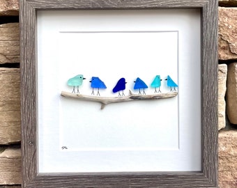 Sea Glass and Driftwood Birds in Shades of Blue, 9x9 Framed Original Handmade Art Minimalist Beach Glass Decor, Gift for Beach Lovers