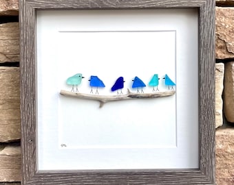 Sea Glass and Driftwood Birds in Shades of Blue, 9x9 Framed Original Handmade Art Minimalist Beach Glass Decor, Gift for Beach Lovers