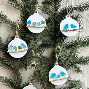 Handmade Family of Sea Glass Birds Christmas Ornament, Couple, Family of 3, Family of 4, Family of 5, Perfect Holiday Gift, Drift Wood