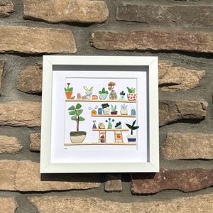 Sea Glass Flowers on a Shelf Art | Plants on Shelves | Framed 9x9 Coastal Wall Decor with Shells & Pottery | Original Handmade Beach Artwork