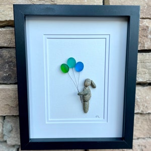 Girl Holding Sea Glass Balloons, Framed 8x10 Pebble and Seaglass Artwork, Unique Handmade Gift