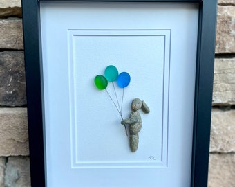 Meisje zeeglasballon, ingelijste kiezelkunst, handgemaakt cadeau (8 x 10)