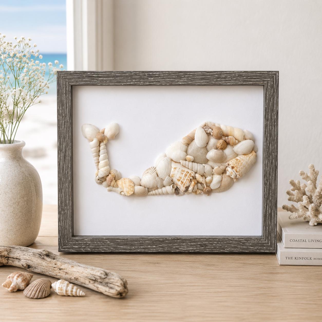貝殻　アート　額縁 貝殻のクジラアート – 手作りの海辺の装飾、額装済み - Etsy 日本