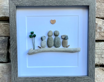 Couple with Two Dogs, 8x8 Framed Pebble Art, Personalized Pet Artwork, Perfect Gift for Dog Owners