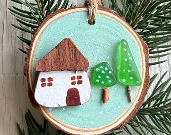 Handmade Christmas Ornament with Sea Pottery House and Sea Glass Trees Displayed on ~3” Dried Wood Round, Perfect Gift, Stocking Stuffer