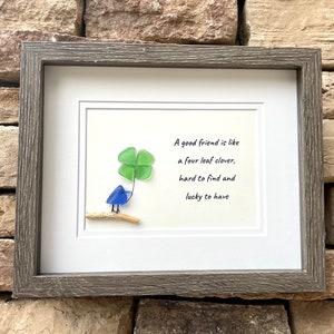 8x10 Gift for Close Friend, Handmade Original Sea Glass Art, Four Leaf Clover, Friend Birthday Gift