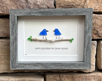 Handmade Birthday Gift for Good Friend, 6x8 Framed Sea Glass Art Showing Two Seaglass Birds on Branch