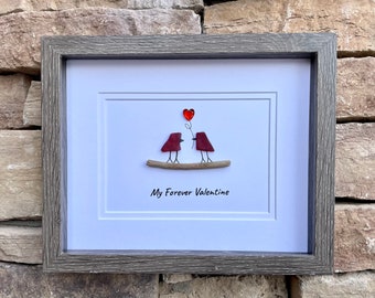 My Forever Valentine Framed 8x10 Sea Glass Art Showing Two Birds in Love, Minimalist Beach Decor, Gift for Her, Gift for Wife