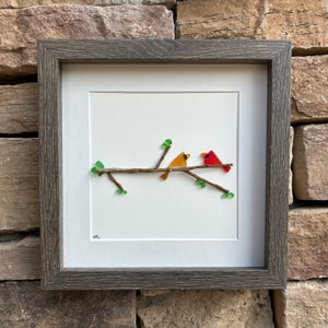 Seeglas Cardinals gerahmtes handgemachtes Kunstwerk, 9 x 9 Original-Wanddekor, Paar Kardinäle im Baum, perfektes Geschenk