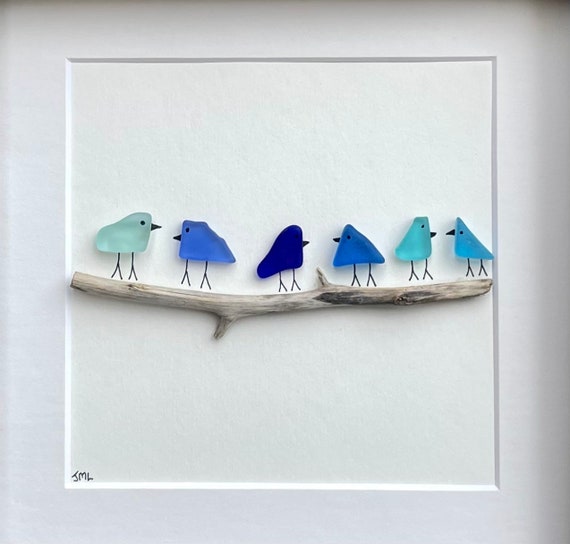 Sea Glass Art, Bird Art, Sea Glass Birds and Pebble Art, Aqua Blue &  Turquoise Sea Glass, Ocean Art, Birthday Gift, Beach Lover Gift