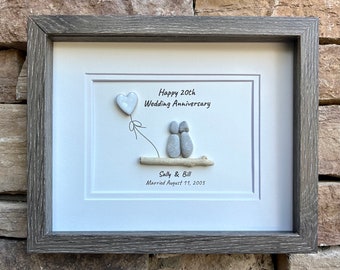 Regalo personalizado del vigésimo aniversario de boda con corazón de China, regalo de arte de guijarros enmarcado de 8x10 "para esposo, esposa, padres, amigos