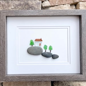 Sea Glass House on the Rocks - Pebble Art - Sea Glass Art - Handmade - Unique - Gift for Her, Gift for Him, Birthday, Lake House