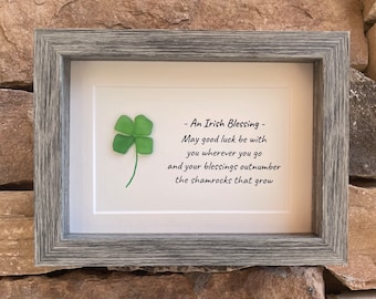 Irish Blessing Shamrock Sea Glass Art, 5x7 Framed Picture, St Patrick’s Day, Ireland