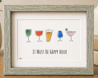 Happy Hour Sea Glass Art, Cocktail Wall Decor, Bar Cart Decor, Framed Drink Art, Kitchen Bar Sign, Housewarming Gift, Gift for Friend