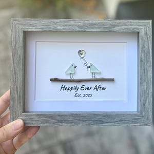 Happily Ever After Sea Glass Birds | 6x8 Framed Wedding Gift | Handmade & Personalized Artwork