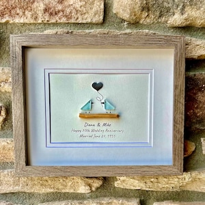 70th Wedding Anniversary Personalized Gift, 8x10” Framed Sea Glass Art, Platinum Anniversary Gift for Parents, Wife, Husband