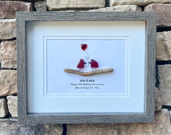 40th “Ruby” Wedding Anniversary Personalized Sea Glass Art, 8x10" Framed Handmade Artwork, Anniversary Gift, Wife, Husband, Parents, Friend