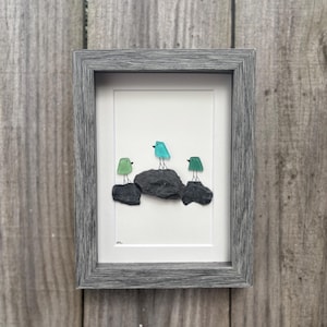 3 Sea Glass Birds on Rock Piles, 6x8” Framed Original Handmade Pebble Beach Art, Minimalist Coastal Decor