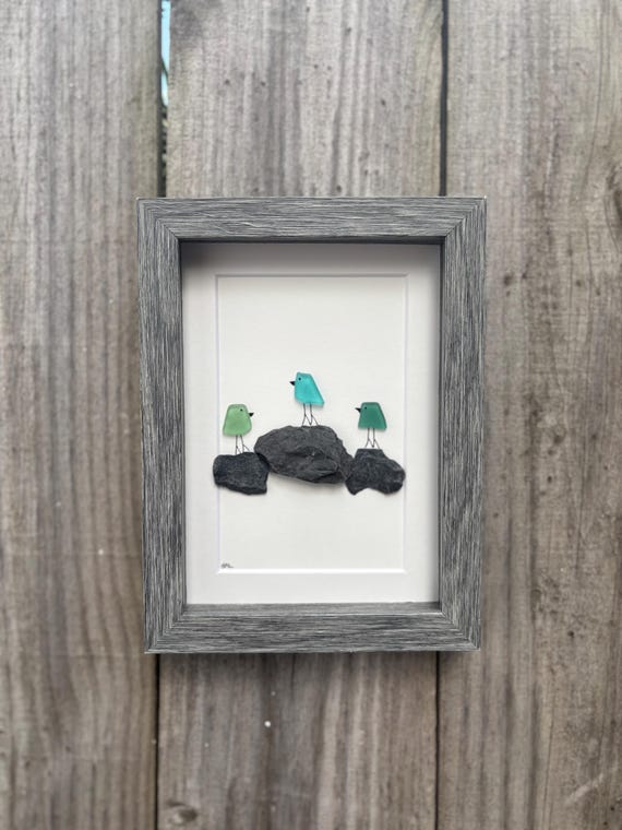 3 Sea Glass Birds on Rock Piles, 6x8” Framed Original Handmade Pebble Beach Art, Minimalist Coastal Decor