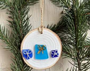 Sea Glass Presents Ornament made from Scottish Seaglass on natural sliced wood branch, Perfect Holiday Gift, Stocking Stuffer, secret Santa