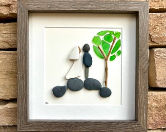 Unique Wedding Gift, 8x8 Handmade Pebble, Sea Glass and Pottery Collage, Great Personalized Gift for Newly Weds