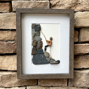 Rock Climbing Pebble Art, 8x10 Framed Original Artwork, Perfect Gift for Rock Climber / Rappelling Art