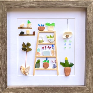 Shelves of Pretty Sea Glass Flowers, Original Framed Handmade Artwork, Perfect Summer Gift for Friend, Seaglass Art, Beach Art, Shell Art