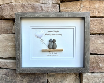 Cadeau personnalisé 12e anniversaire de mariage en soie, 12 x 10 po. Art galet douzième anniversaire, cadeau d'anniversaire de mariage en satin pour femme, mari, amis