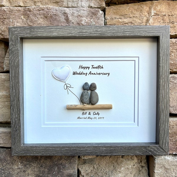 12th Silk Wedding Anniversary Personalized Gift, 8x10” Twelfth Anniversary Pebble Art, Satin Anniversary Gift for Wife, Husband, Friends